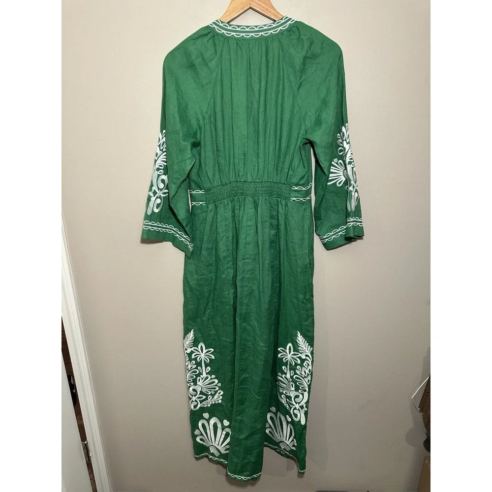 Boden Una Linen Embroidered Maxi Dress US Sz 6 R Green Embroidered Pockets - Picture 5 of 7